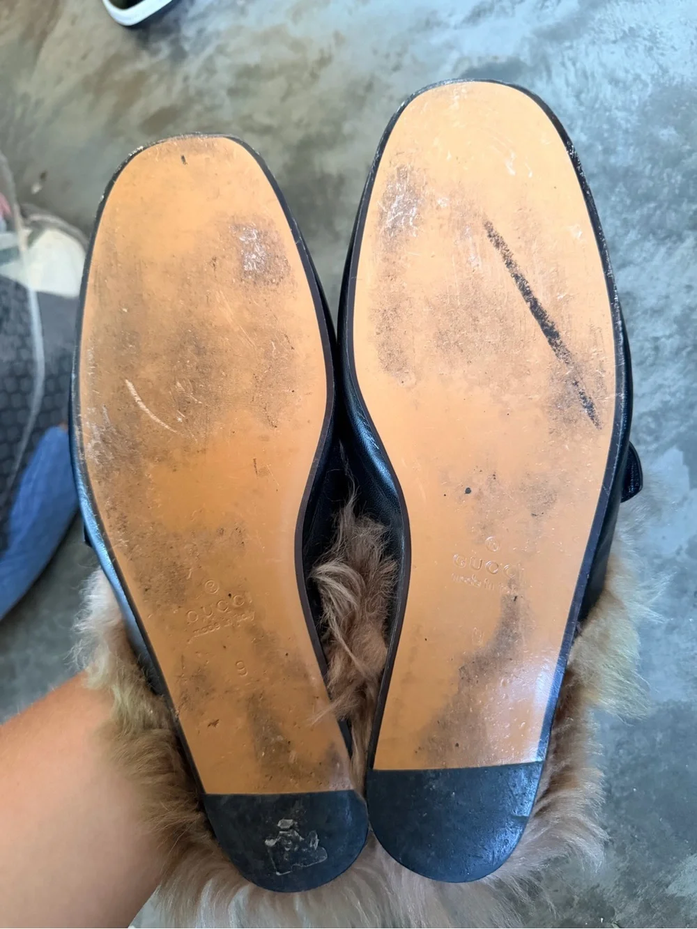 Gucci Shearling Slippers in Taupe Fur with Tan Leather Patch